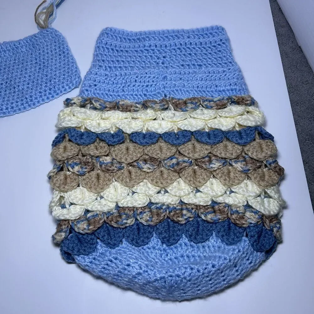 Newborn Crochet Owl Cocoon Outfit Set Blue Cream Brown Photo Prop Handmade